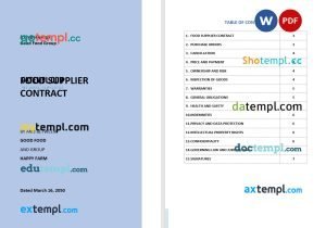 free food supplier contract template, Word and PDF format