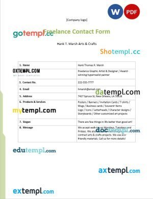 free freelance contact form template, Word and PDF format