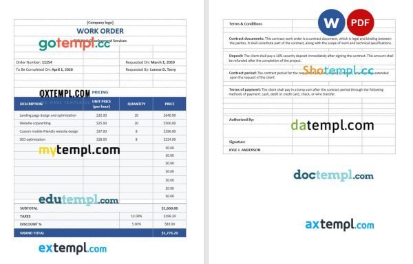 free freelance contract work order template, Word and PDF format