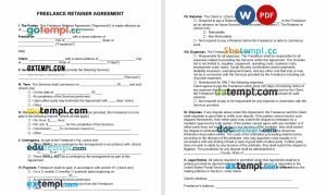 free freelance retainer agreement template, Word and PDF format