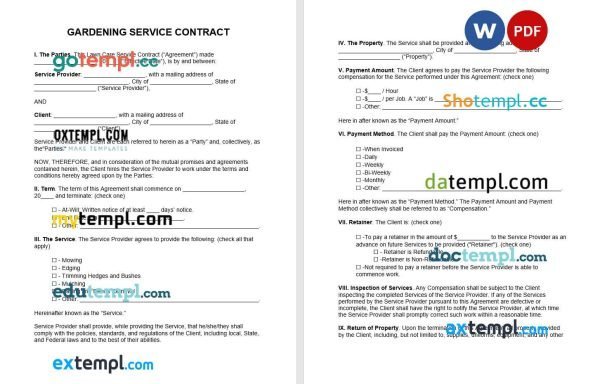 free gardening contract template, Word and PDF format