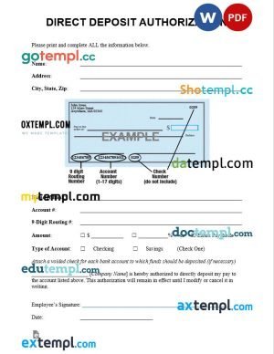 free generic direct deposit authorization template, Word and PDF format