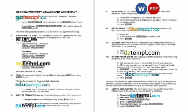 free georgia property management agreement template, Word and PDF format