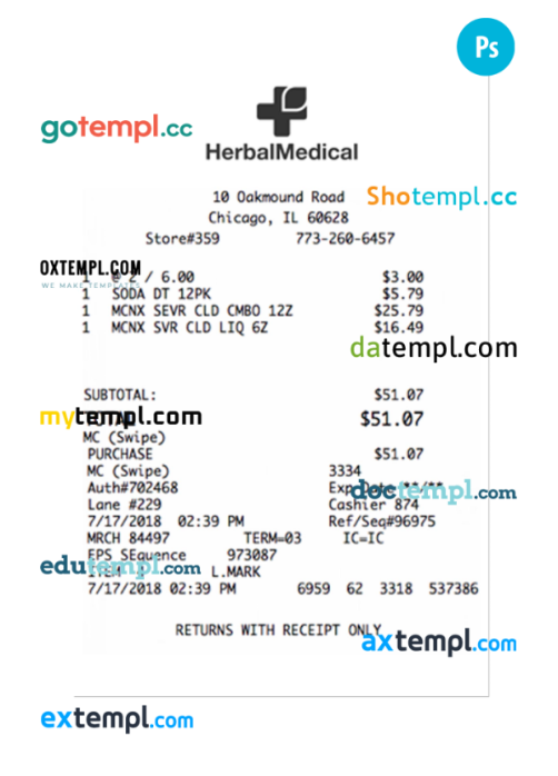 HERBAL MEDICAL payment receipt PSD template