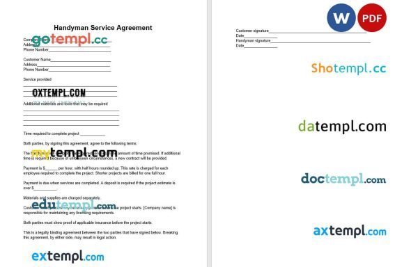 free handyman service contract template, Word and PDF format