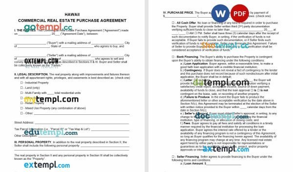 free hawaii commercial real estate purchase agreement template, Word and PDF format