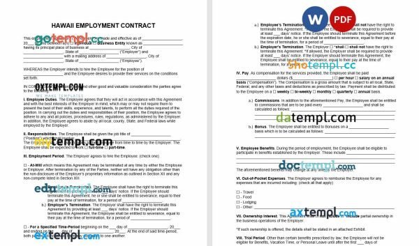free hawaii employment contract template, Word and PDF format