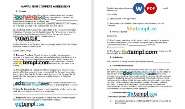 free hawaii non-compete agreement template, Word and PDF format