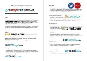 free home repair contract template, Word and PDF format