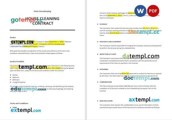 free house cleaning contract template, Word and PDF format
