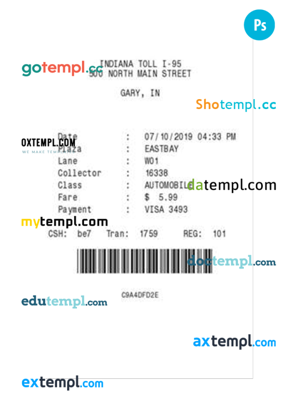 INDIANA TOLL payment check PSD template