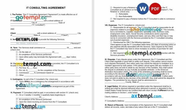 free IT consultant agreement template, Word and PDF format