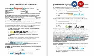 free Idaho subcontractor agreement template, Word and PDF format