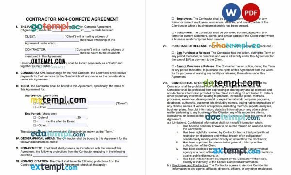 free independent contractor non-compete form template, Word and PDF format