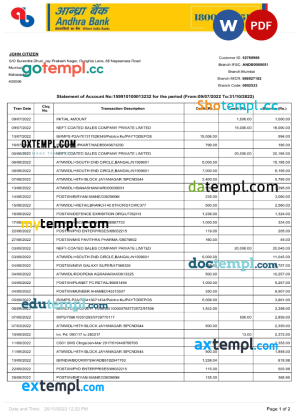 India Allahabad Bank statement, Word and PDF template, 2 pages