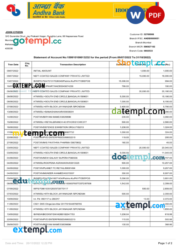 India Andhra bank statement Word and PDF template, 2 pages