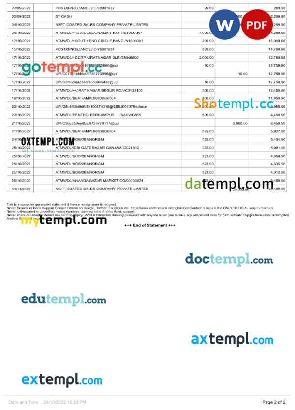 India Andhra bank statement Word and PDF template, 2 pages