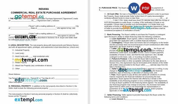 free Indiana commercial real estate purchase agreement template, Word and PDF format