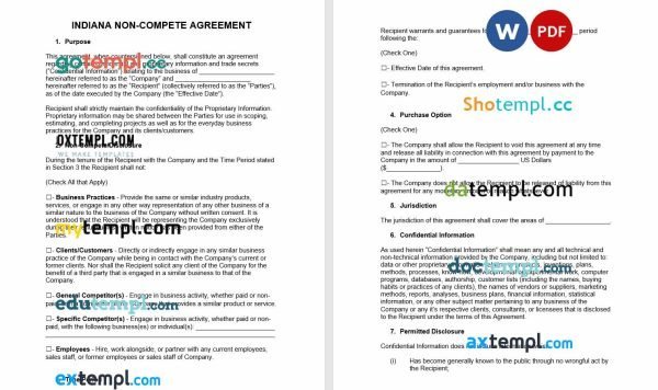free Indiana non-compete agreement template, Word and PDF format