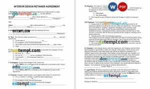 free interior design retainer agreement template, Word and PDF format