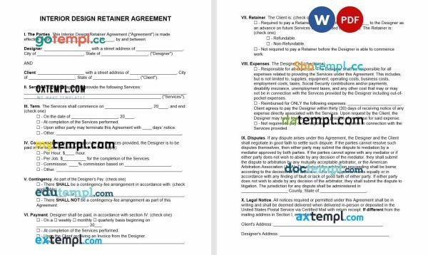 free interior design retainer agreement template, Word and PDF format