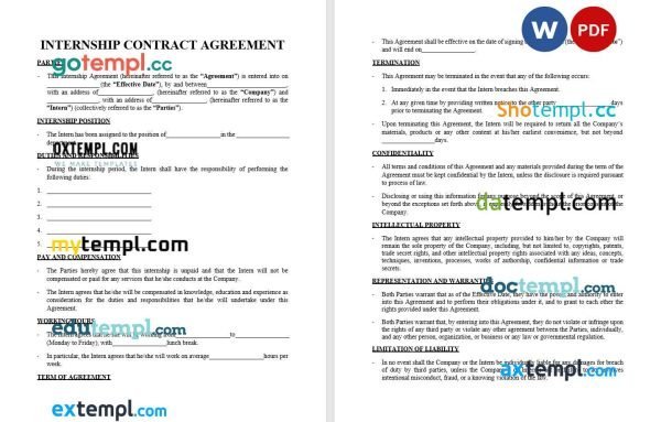 free internship contract agreement template, Word and PDF format, version 2