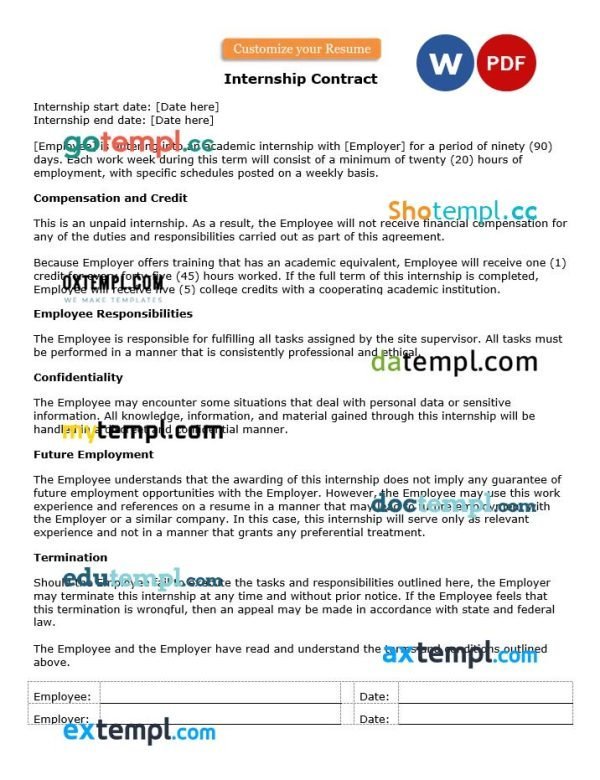 free Internship Contract template, Word and PDF format