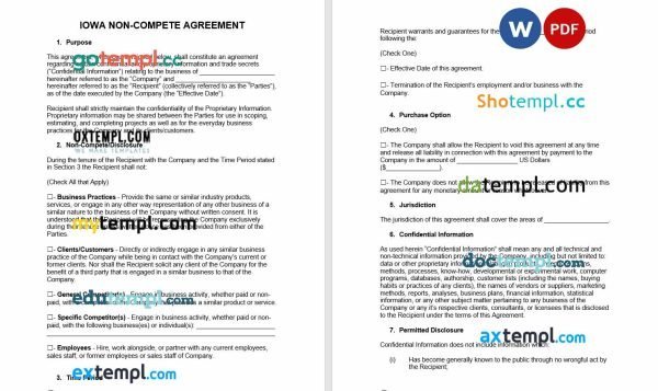 free Iowa non-compete agreement template, Word and PDF format