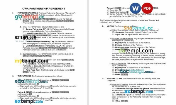 free Iowa partnership agreement template, Word and PDF format