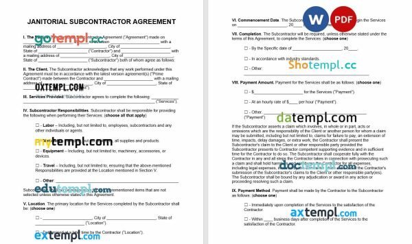 free janitorial subcontractor agreement template, Word and PDF format