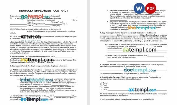 free Kentucky employment contract template, Word and PDF format