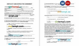 free Kentucky subcontractor agreement template, Word and PDF format