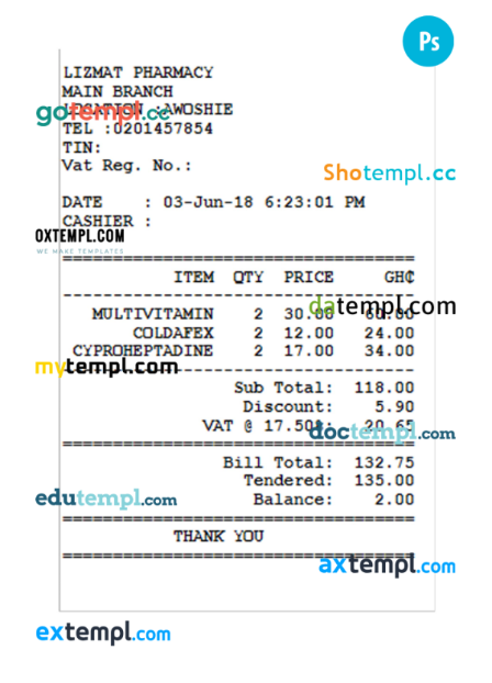 LIZMAT PHARMACY receipt PSD template