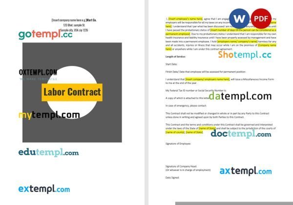 free labor contract template, Word and PDF format