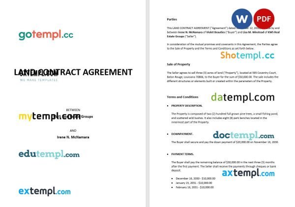 free land contract agreement template, Word and PDF format