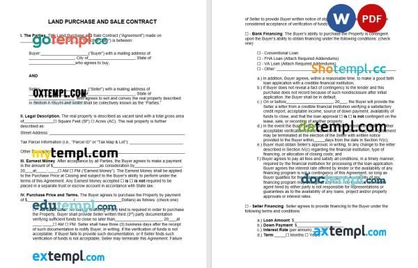 free land purchase sale contract template, Word and PDF format