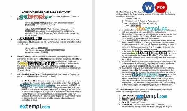 free land purchase and sale contract template, Word and PDF format