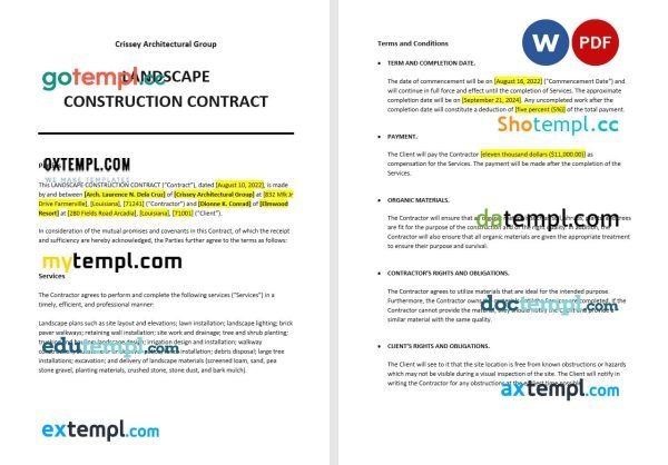 free landscape construction contract template, Word and PDF format