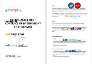 free license agreement contract of license right to customer template, Word and PDF format
