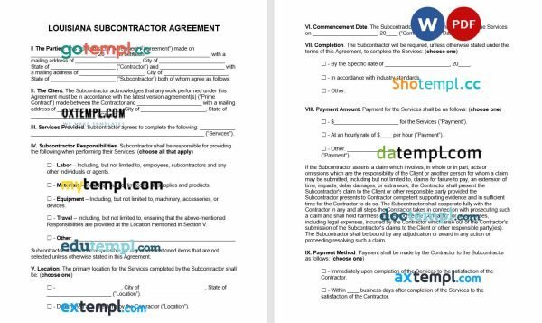 free Louisiana subcontractor agreement template, Word and PDF format