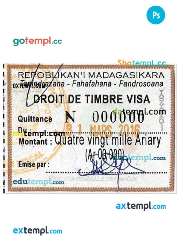 Madagascar visa stamp PSD template, with fonts