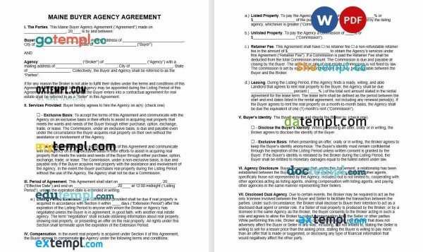 free maine buyer agency agreement template, Word and PDF format