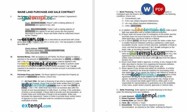 free maine land contract template, Word and PDF format