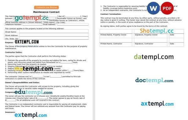 free Maintenance contract template, Word and PDF format