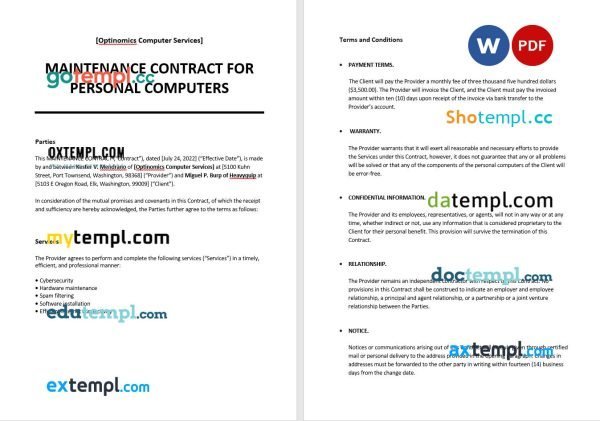 free Maintenance contract for personal computers template, Word and PDF format