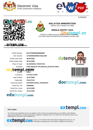 Malaysia e-visa Word and PDF template