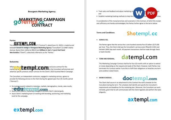 free marketing campaign contract template, Word and PDF format