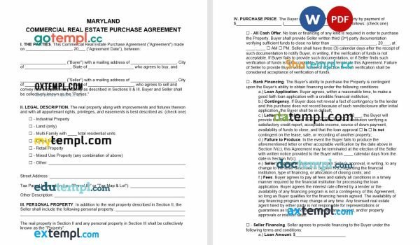 free Maryland commercial real estate purchase agreement template, Word and PDF format