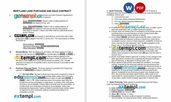 free Maryland land contract template, Word and PDF format