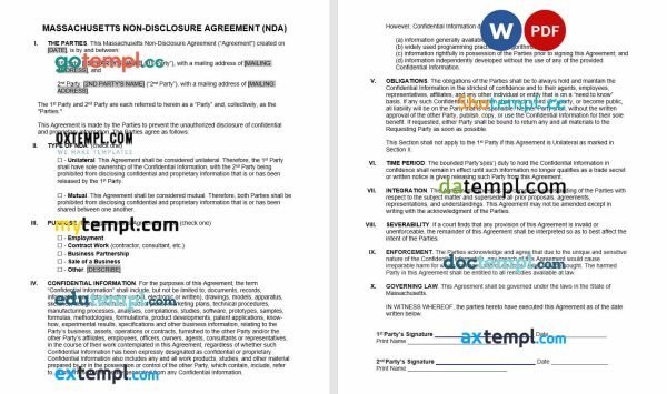 free Massachusetts non-disclosure agreement NDA template, Word and PDF format